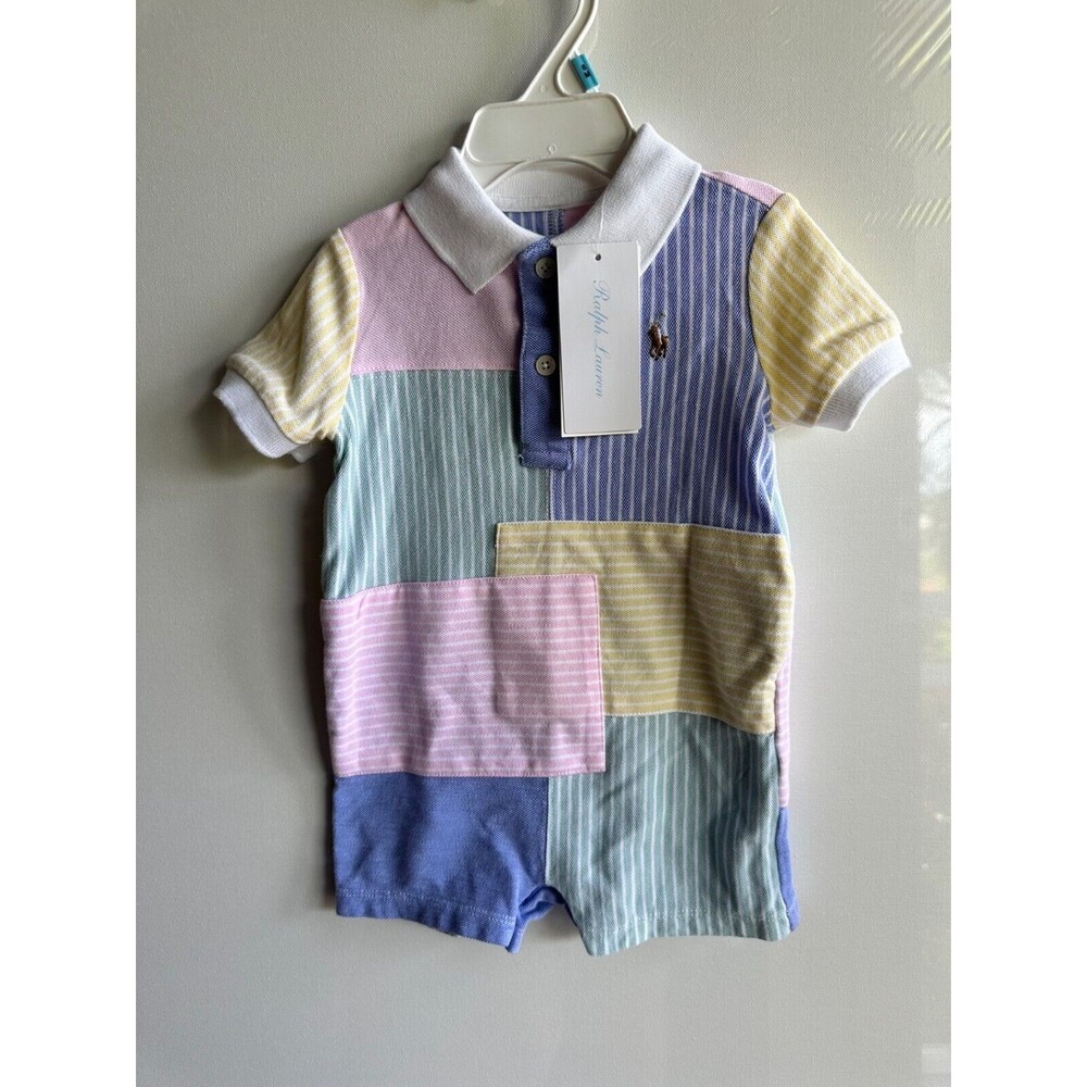 NWT RALPH LAUREN Baby boys SHORTALL 6 MOS  Striped mesh romper